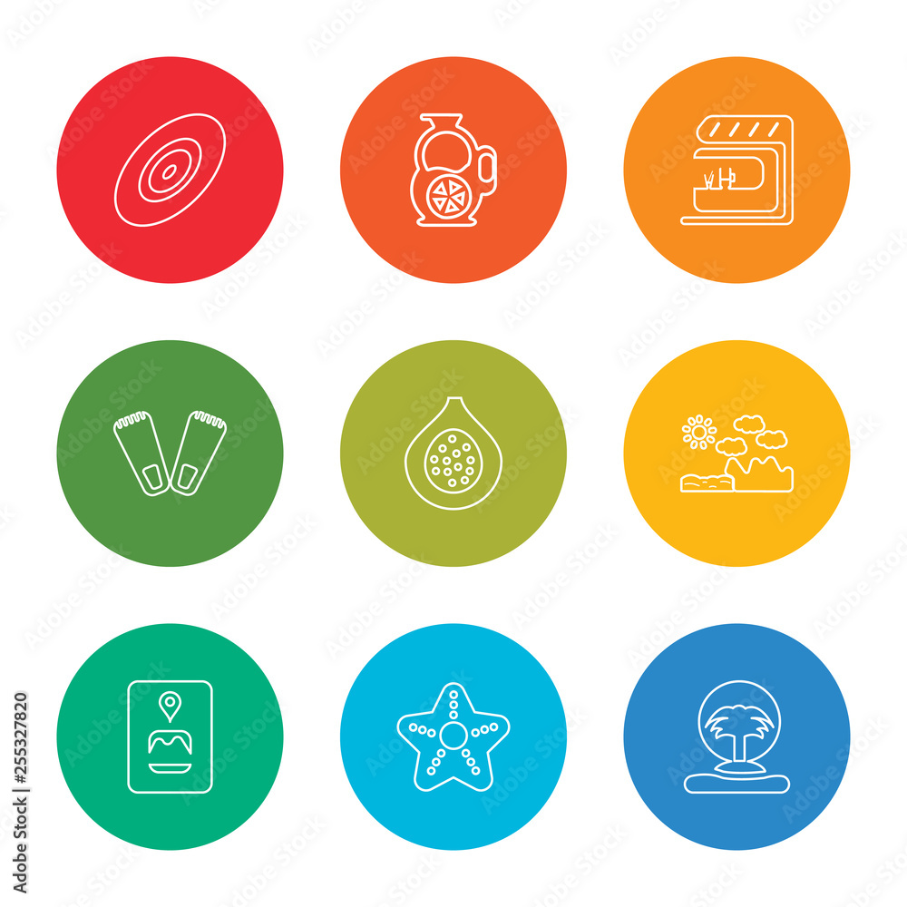 outline stroke island, starfish, travel guide, mountains, fig, flippers, bar, sangria, disc golf, vector line icons set on rounded colorful shapes outline stroke island, starfish, travel guide, mountains, fig, flippers, bar, sangria, disc golf, vector line icons set on rounded colorful shapes