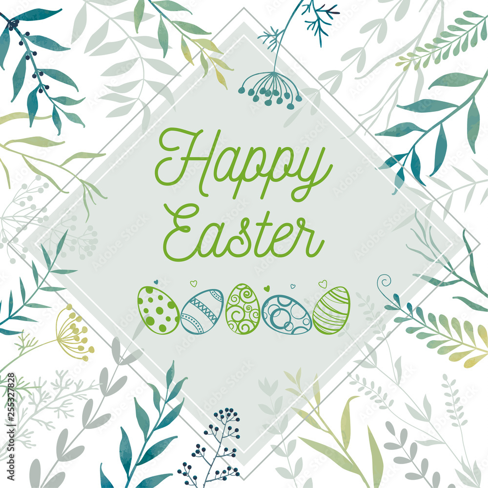 Fototapeta premium Floral Easter frame. Twigs, herbs, flowers and easter eggs. Happy Easter. 