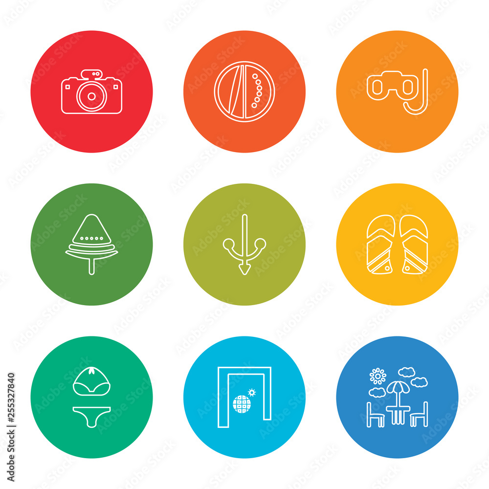 outline stroke terrace, solstice, bikini, flip flops, anchor, watermelon, snorkel, watermelon, photo camera, vector line icons set on rounded colorful shapes outline stroke terrace, solstice, bikini, flip flops, anchor, watermelon, snorkel, watermelon, photo camera, vector line icons set on rounded colorful shapes