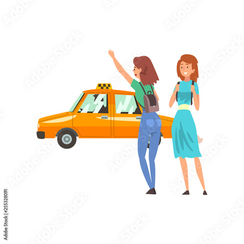 Taxi Service, Female Clients Hailing a Taxi Car Cartoon Vector Illustration