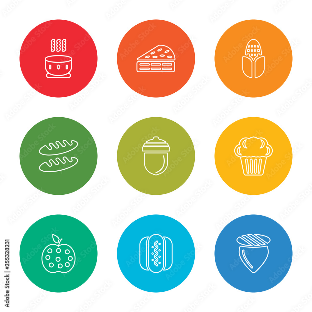 outline stroke acorn, pepper, apple, muffin, acorn, bread, corn, piece of cake, soup, vector line icons set on rounded colorful shapes
