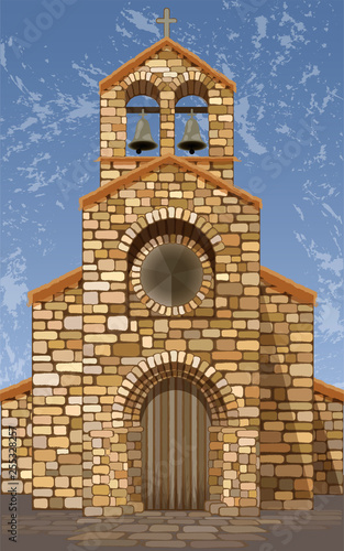 Spanish old medieval church in romanesque style, vector illustration