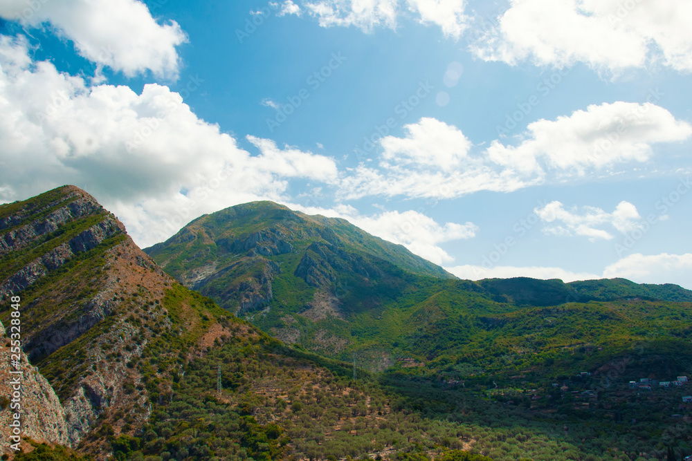 Top view from the ancient fortress on the Old Bar in Montenegro. Landscape with mountains and blue sky, Top view from the ancient fortress on the Old Bar in Montenegro. Landscape with mountains and blue sky,