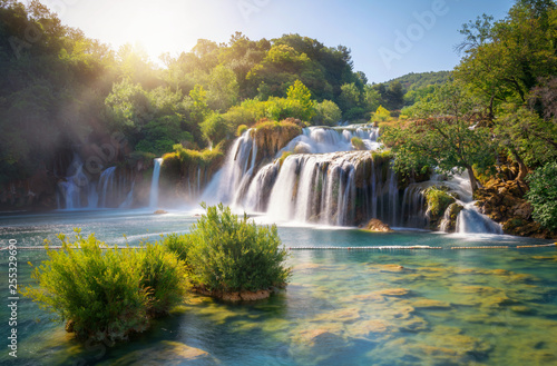 Obraz na plátně Panoramic landscape of Krka Waterfalls on the Krka river in Krka national park in Croatia