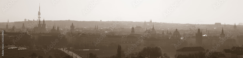 Prague - Panorama of the town from castle in the backlight.