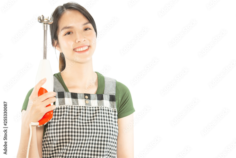 Happy lady holding kichen stuff over copy space background - people home made food preparation concept Happy lady holding kichen stuff over copy space background - people home made food preparation concept