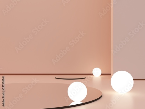3d render, abstract cosmetic background to show a product. Empty scene with cylinder mirror and spherical lights in the floor. Pastel cream minimal wall. Fashion showcase, display case, shopfront. 