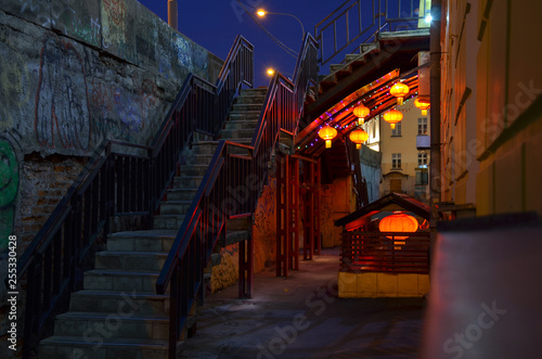 Chinese lantern. China town. night Chinese restaurant. urban landscape. stairs and night lights