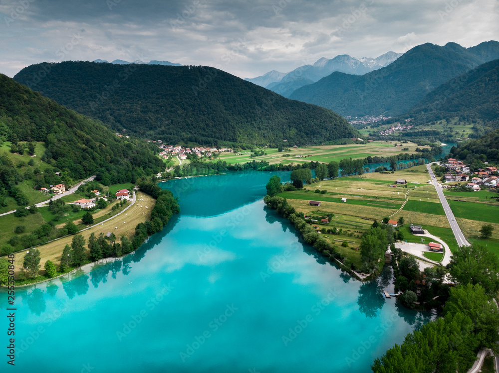 Most na Soci at spring, aerial view, Slovenia Most na Soci at spring, aerial view, Slovenia