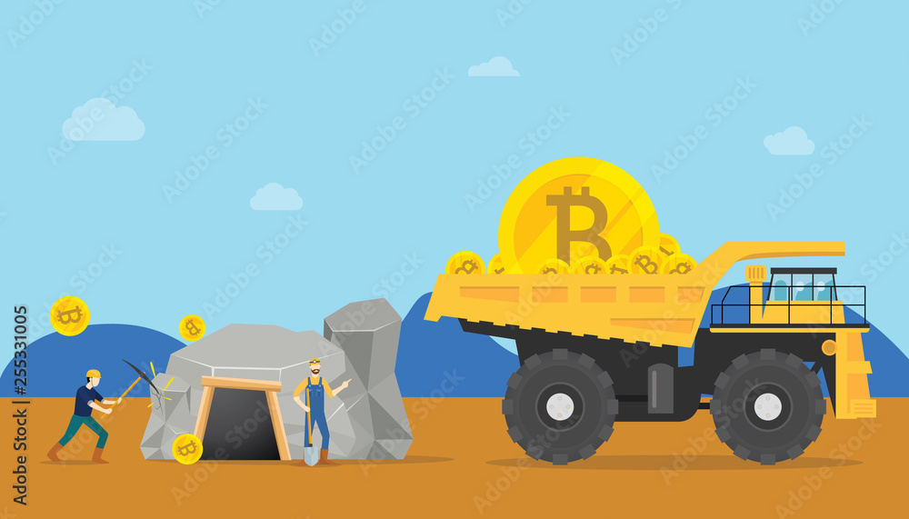 Obraz premium bitcoin mining concept with miner mine a golden cryptocurrency money - vector illustration