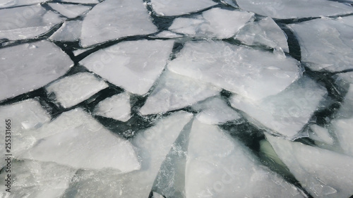 Ice on the ocean melting and cracking. Climate change.