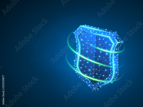 Security shield abstract neon image. Polygonal Vector business concept of data protection illustration. Low poly wireframe, geometry triangle, lines, dots, polygons on blue background