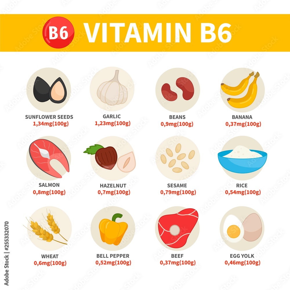 Vector poster products with vitamin B6. Cartoon illustrations of ...