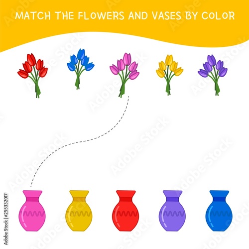 Matching children educational game. Match of flowers and vases by color. Activity for pre sсhool years kids and toddlers.