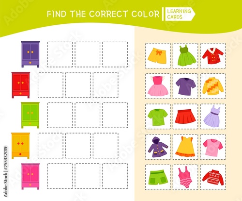 Educational game for children with pictures. Kids activity sheet. Find the correct color. Cartoon clothes.