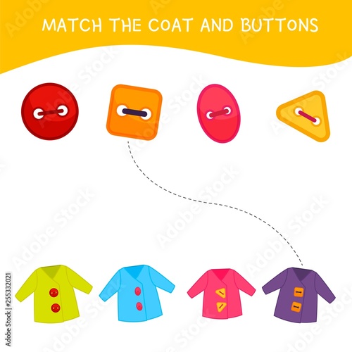 Matching children educational game. Match of buttons and coat. Activity for pre sсhool