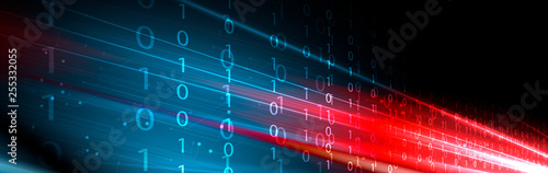 Bytes of binary code run through network. Abstract futuristic technology syberspace