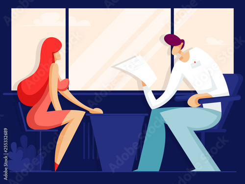Job Interview. Boss reads the resume of the employee. Vector illustration in flat style