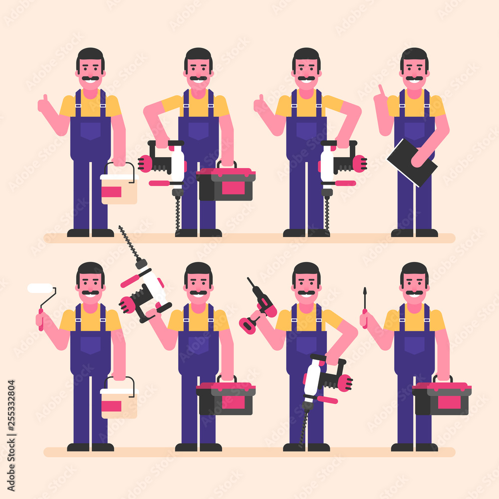 Obraz premium Repairman holds hammer drill screwdriver suitcase and various objects. Character set