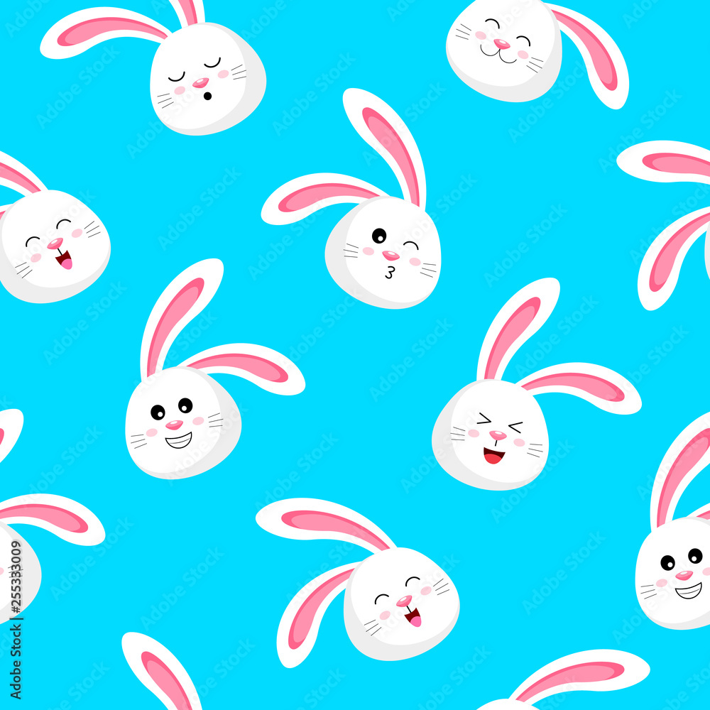 Cute cartoon rabbit head seamless pattern. Happy Easter day. Design for textile, wrapping and wallpaper. Vector illustration isolated on blue background. Cute cartoon rabbit head seamless pattern. Happy Easter day. Design for textile, wrapping and wallpaper. Vector illustration isolated on blue background.