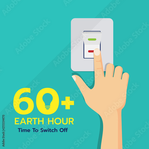 Earth hour day banner with hand touch switch off vector design