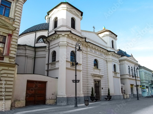 Slovakia, Kosice - May 2, 2018: Evangelical or Protestant Church in Kosice. Oval church building with inscription 'Soli Deo Gloria' above the entrance in neoclassical style on Mlynska (Mill) Street