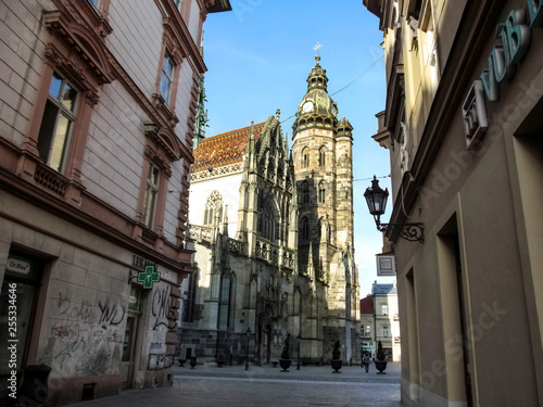 Slovakia  Kosice - May 2  2018  View of the Cathedral of St. Elizabeth from Mlynska Street in Kosice. The largest gothic church in Slovakia  an amazing ancient temple