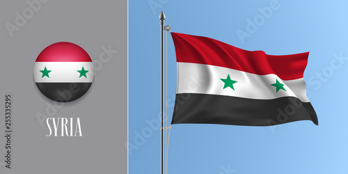 Syria waving flag on flagpole and round icon vector illustration.