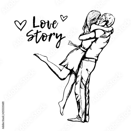 Love couple kiss. A romantic date. Boy and girl in Valentines day. Romantic coupled kissing. Hand drawn engraving style illustrations. 