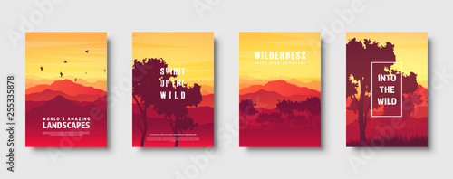 Mountains and forest. Wild nature landscape. Travel and adventure.Panorama. Into the woods. Horizon line.Trees,fog. Vector illustration.