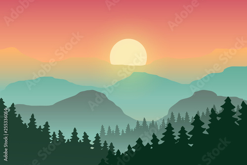 Illustration of the landscape. Sunset in the mountains.