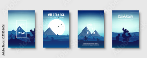 Desert trip. Extreme tourism and travelling. Back to nature. Sands. Exploring Africa. Horizont line with sky. Mountaines. Vector illustration.