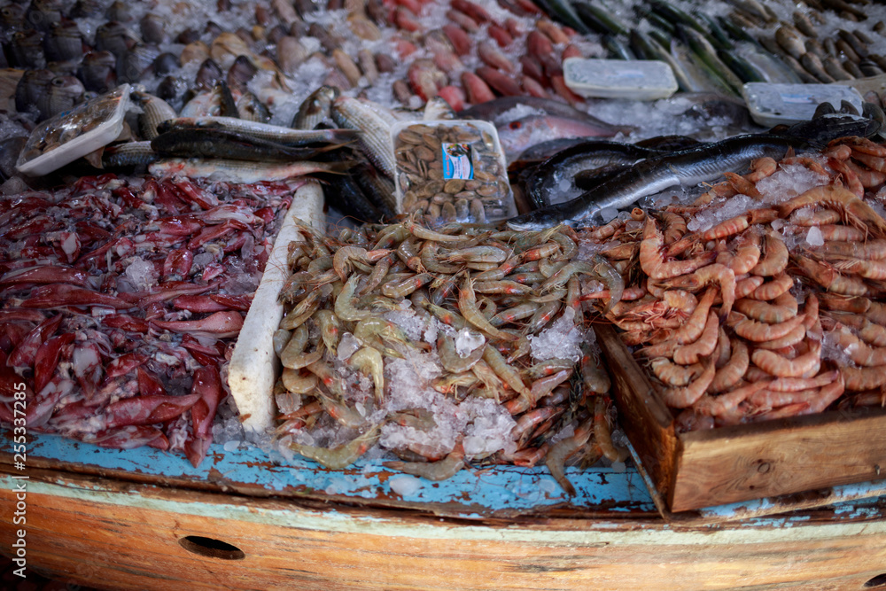 Shrimps with ice on the fish market in Hurghada. Egypt.
