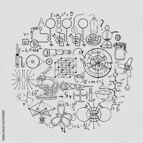 Vintage scientific equipment, formulas and elements on grunge background. Isolated elements. Design template for print, poster, wallpaper. Vector illustration