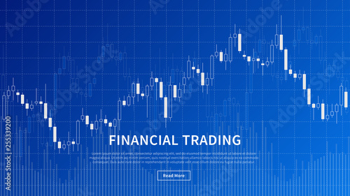 Financial trade chart (forex market) vector illustration on blue background. Candlestick trading graph design concept.