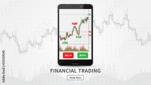 Smartphone with financial trade charts vector illustration. Candlestick trading graph (forex market) on mobile app concept.