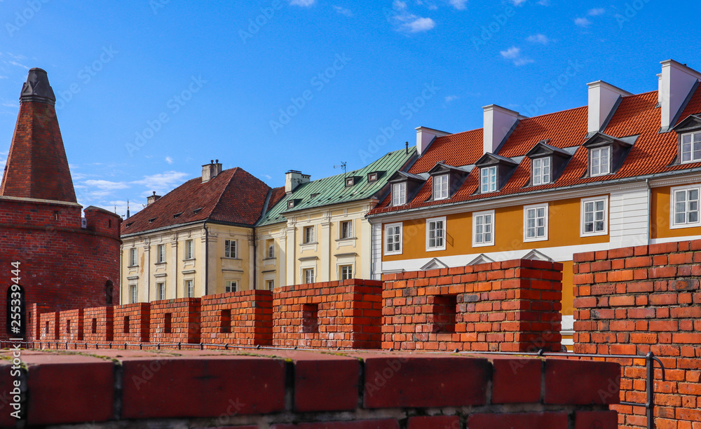 Historic buildings and red brick walls of Warsaw Barbican, Poland Historic buildings and red brick walls of Warsaw Barbican, Poland