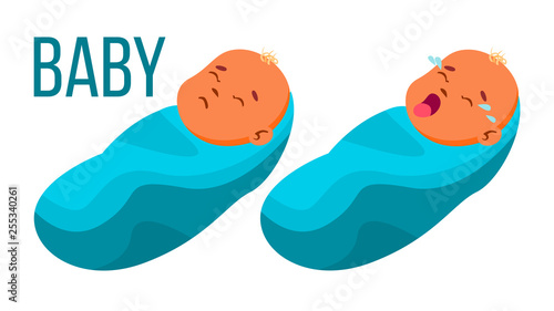 Baby Vector. Asleep, Crying Isolated Flat Cartoon Illustration