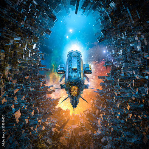 Fototapeta Naklejka Na Ścianę i Meble -  Arrival on space colony / 3D illustration of heavy armoured battle cruiser spaceship gliding into futuristic city space station
