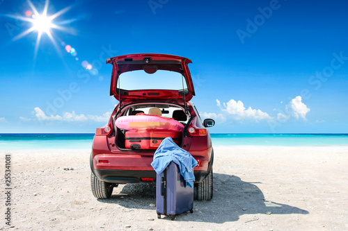 Summer car on beach and sea landscape 