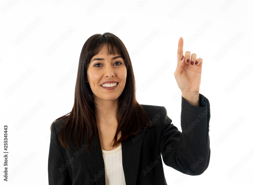 Portrait of a young beautiful and confident business woman pointing as touching virtual screen Portrait of a young beautiful and confident business woman pointing as touching virtual screen
