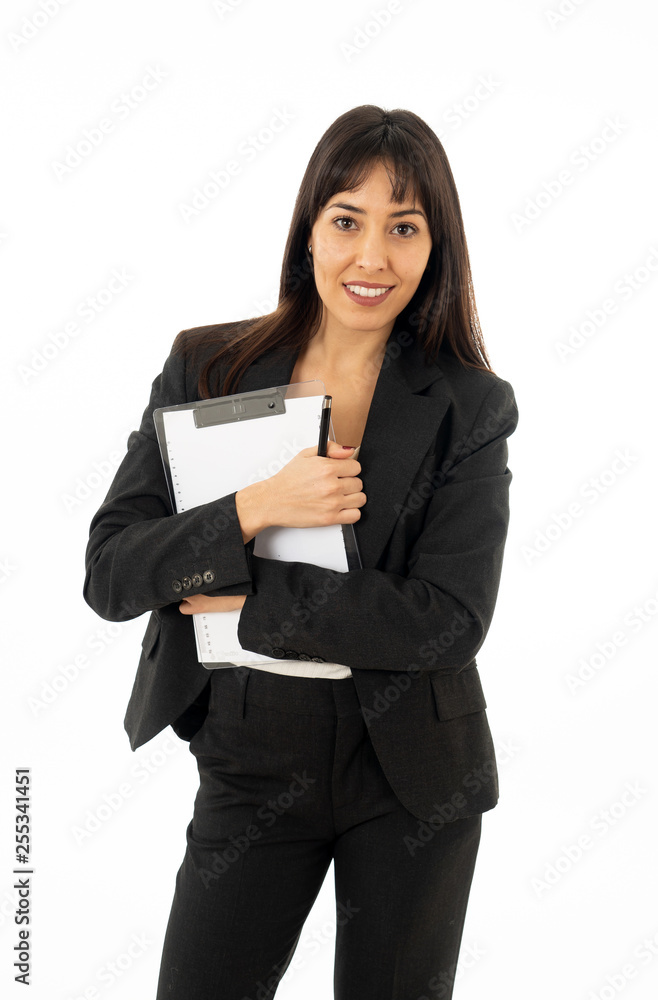 Portrait of a young beautiful and confident business woman smiling. Isolated on white background. Portrait of a young beautiful and confident business woman smiling. Isolated on white background.