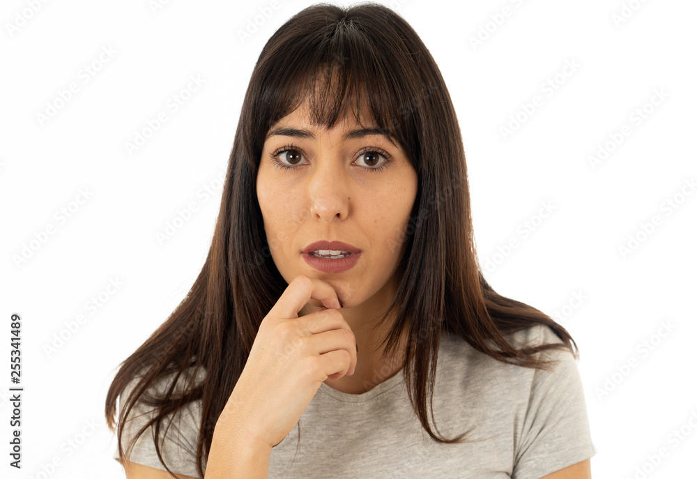 Portrait of sad and depressed woman. Isolated on white background. Human expressions and emotions Portrait of sad and depressed woman. Isolated on white background. Human expressions and emotions