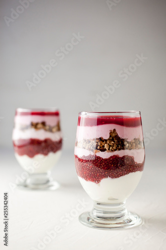 Homemade dessert with yogurt and raspberries