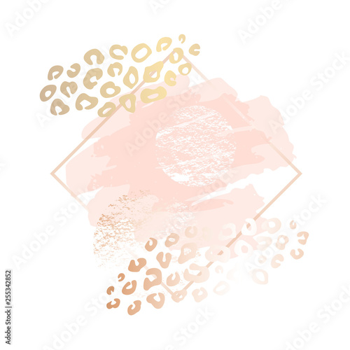 Golden leopard skin pink art frames. Modern card design, brush stroke, gold, premium invitation template. Pastel rose colors brush strokes, pink gold contour square frame. Abstract background.