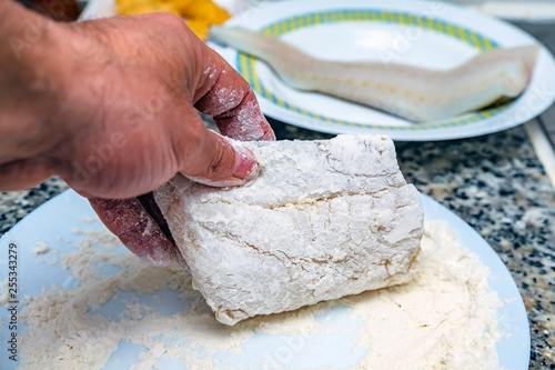preparation of cod in flour ready to fry