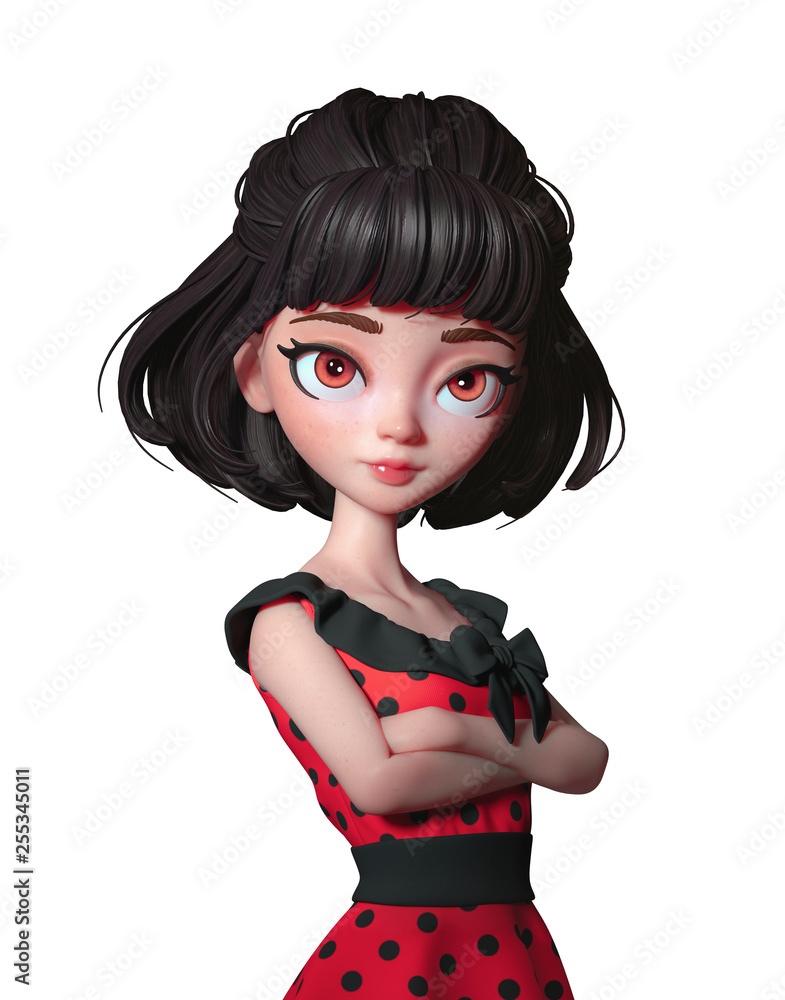 3d cartoon character of a brunette girl with big brown eyes. Beautiful young woman in a 3d cartoon character of a brunette girl with big brown eyes. Beautiful young woman in a