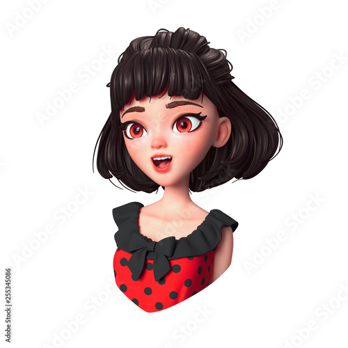 3d cartoon character of a brunette girl with big brown eyes. Beautiful young teenager happy girl smiling showing her pretty white smile. Woman with short brown hair. 3D rendering on white background.