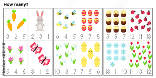 Cards for teaching preschool children. Count and write how many items. Vector Easter characters. Educational game. Cute Easter rabbit, chick, eggs, flowers and insects.