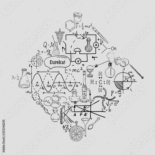 Vintage scientific equipment, formulas and elements on grunge background. Isolated elements. Design template for print, poster, wallpaper. Vector illustration